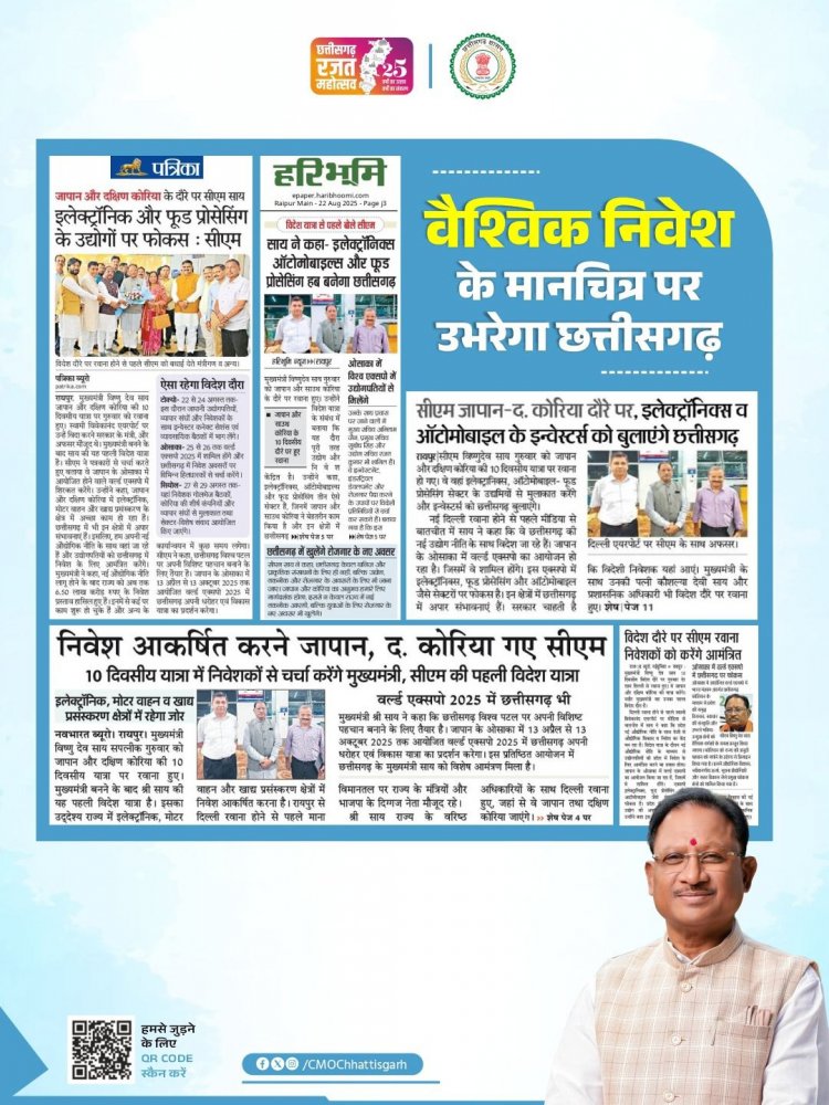 मुख्यमंत्री श्री विष्णु देव साय के नेतृत्व में उच्चस्तरीय प्रतिनिधिमंडल जापान और दक्षिण कोरिया के आधिकारिक दौरे पर.